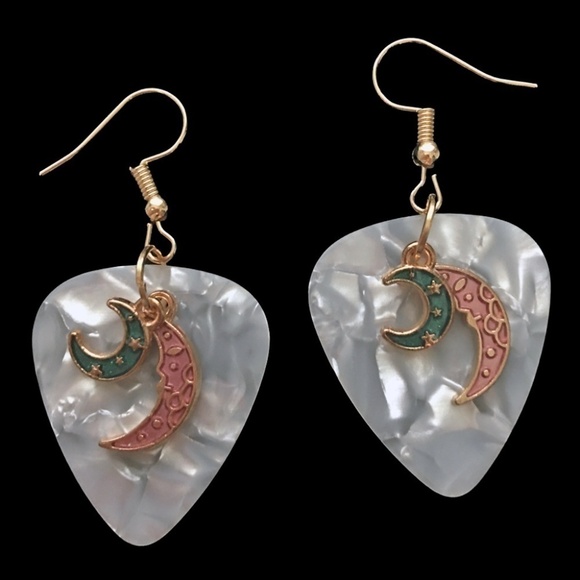 EARRINGS Hand Crafted Drop Repurposed Guitar Picks Two Moons Crying - Picture 1 of 5